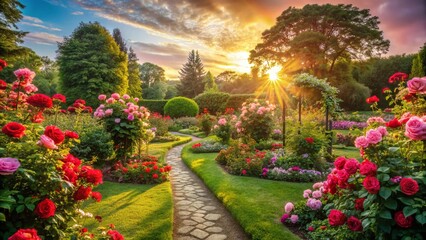 Obraz premium Serene Rose Garden Landscape Design: Blooming Roses & Lush Greenery
