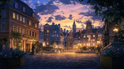 Fototapeta premium A peaceful panorama of the Old Town square at twilight, with historic landmarks lit by streetlights and a serene ambiance