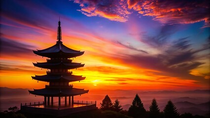 Fototapeta premium Serene Silhouette: Peace Pagoda at Sunset