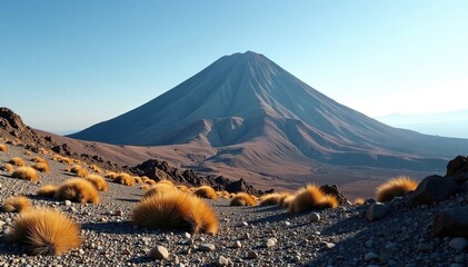 Deserted peak with sparse vegetation on rocky soil, rugged, volcanic