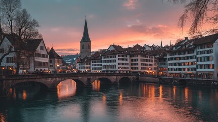 Naklejka premium Sunset over Swiss River Town Scenic Bridge and Buildings