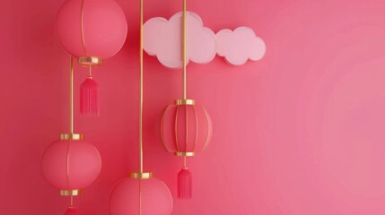Happy Chinese New Year banner on a red background with a paper-cut clouds and lanterns pattern, and a golden outline of the circular frame border design.