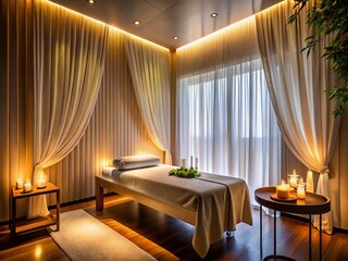 Fototapeta premium Serene Spa Massage: Sleek Design, Soft Lighting, Flowing Sheer Curtains