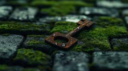 A worn, rusty key lies on lush green moss, surrounded by stones. The key's texture contrasts with the vibrant colors of nature, showcasing the beauty of decay and rejuvenation.