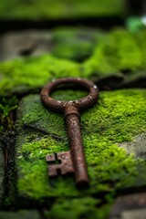 A worn, rusty key lies on lush green moss, surrounded by stones. The key's texture contrasts with the vibrant colors of nature, showcasing the beauty of decay and rejuvenation.