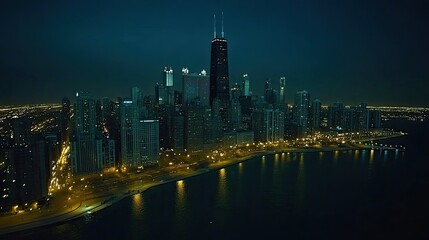 Obraz premium A top-down aerial view of Chicago at night, capturing the vibrant downtown skyline, with skyscrapers standing tall against a starlit backdrop.