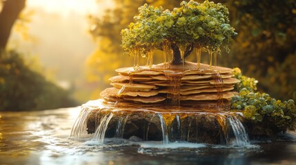A floating island made entirely of pancakes, syrup waterfalls cascading off the edges