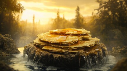 A floating island made entirely of pancakes, syrup waterfalls cascading off the edges