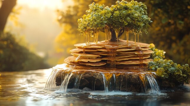 A floating island made entirely of pancakes, syrup waterfalls cascading off the edges