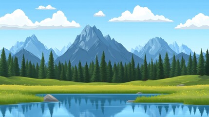 Fototapeta premium Serene Mountain Lake Landscape with Coniferous Forest and Majestic Peaks