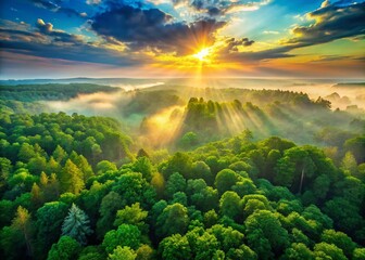 Obraz premium Serene Sunrise Forest: Panoramic Aerial View of Lush Green Canopy with Sunlight Rays