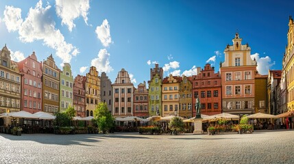 Fototapeta premium A picturesque panorama of the Old Town main square, featuring charming buildings and a central monument surrounded by greenery