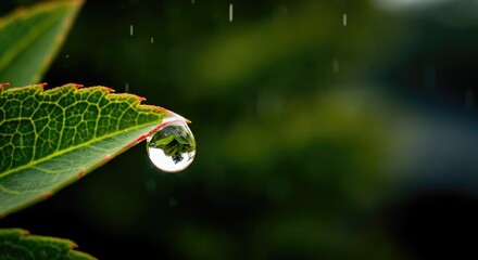 Close-up of water droplet hanging from green leaf, reflecting surrounding foliage