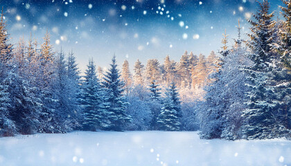 Obraz premium christmas winter woodland history with snow and timber merry christmas and glad new yr greeting card with reproduction area