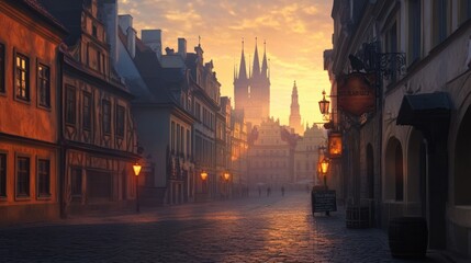 A quiet Old Town square at sunrise, with empty streets and a soft glow illuminating the historic facades