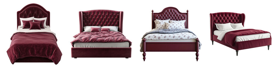 Burgundy junior bed isolated on transparent background, Set of