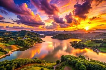 Obraz premium Serene Sunset Landscape at Longgong, Dramatic Sky, Golden Hour, Peaceful Nature