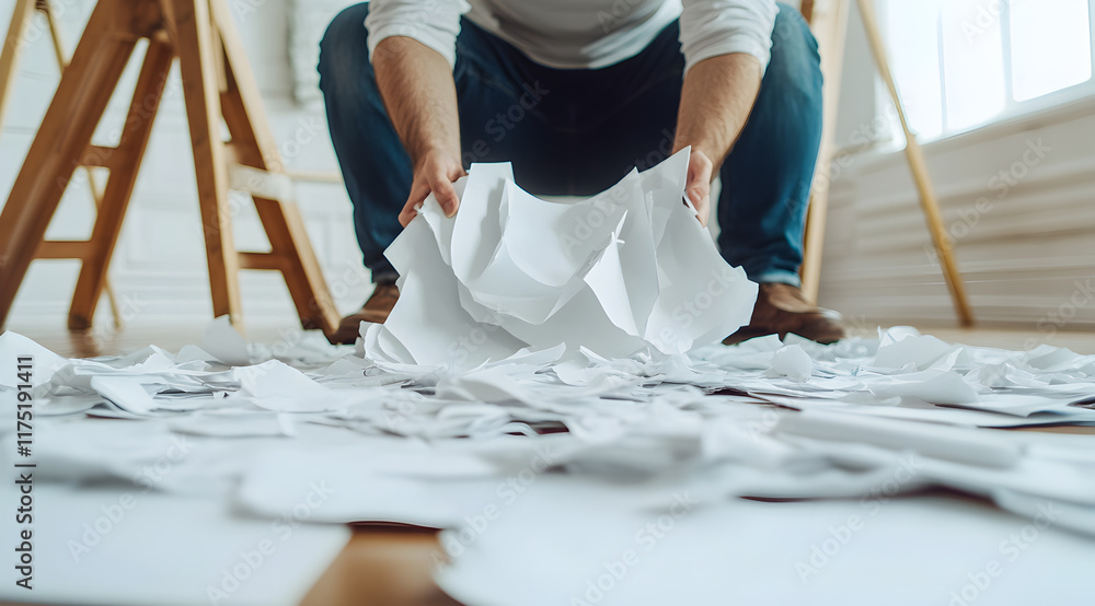 Poster a person is sorting through a mess of crumpled papers on the floor, emphasizing organization amid ch