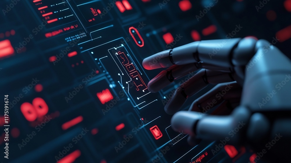 Poster futuristic agent assisting with glowing task organization in minimalist high-tech workspace