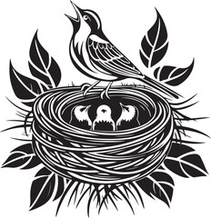 Nestling bird in nest sketch engraving vector illustration. Vector illustration of birds house on white background.