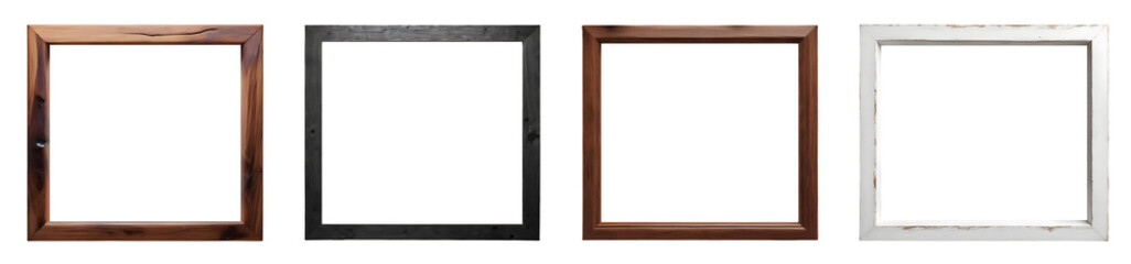 Set of various wooden frames isolated on transparent background, template