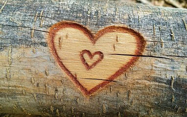 A close-up of a heart carved into a wooden log, showcasing craftsmanship and nature-inspired art with natural textures.