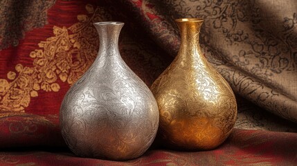 A luxurious silver vase and gold vase, displayed on a rich, colorful background with soft lighting highlighting their beauty.