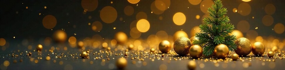 Obraz premium Golden balls scattered around a small evergreen tree, sparkle, shine
