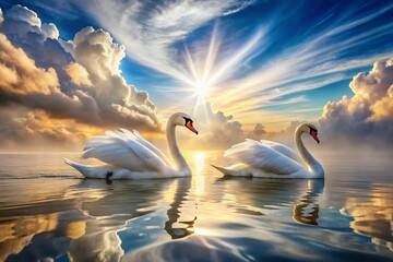 Obraz premium Serene Swans: Elegant Birds Gracefully Gliding on a Calm Lake at Sunset