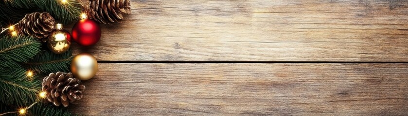 Fototapeta premium A festive arrangement of pine cones and ornaments on a wooden surface, perfect for holiday celebrations and decorations.