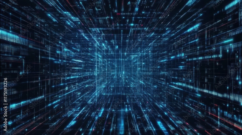 Poster futuristic digital abstraction depicting interconnected lines and glowing particles in a vibrant vir