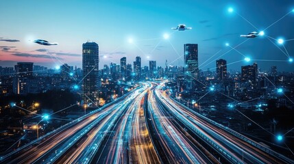 Obraz premium Futuristic Cityscape With Flying Vehicles And Network Connections