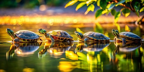 Fototapeta premium Serene Turtles Swimming in Calm Lake Water at Golden Hour