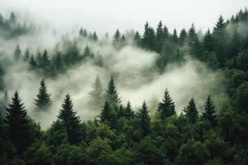 A tranquil forest landscape shrouded in mist, showcasing lush green trees and a serene atmosphere. Perfect for nature themes.