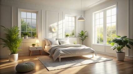Fototapeta premium Serene White Bedroom Interior: Peaceful Sleep Space Stock Photo
