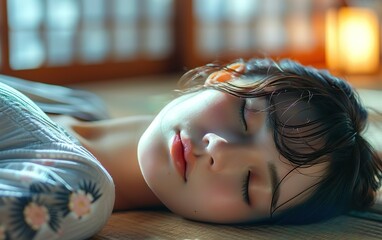 Relaxed Asian woman sleeping on tatami floor. Slow living morning routine concept. Slow cation, luxury leisure, restful unwind, tranquil relaxation, quiet mindful retreat, day off guilty pleasure
