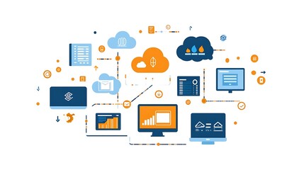 An abstract graphic of IT infrastructure with interconnected networks and cloud services 