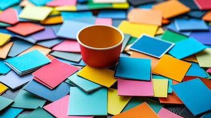 Financial literacy quiz cards scattered across a coffee table Stock Photo with side copy space