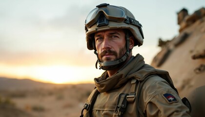 Naklejka premium Soldier,s gaze into the desert horizon at dusk preparing for deployment