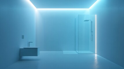 Fototapeta premium Modern bathroom with blue light and glass shower enclosure.