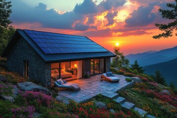 a home equipped with solar panels soaking up sunlight showcasing an ecofriendly lifestyle surrounded by nature under a sunset sky emphasizing sustainability and technology