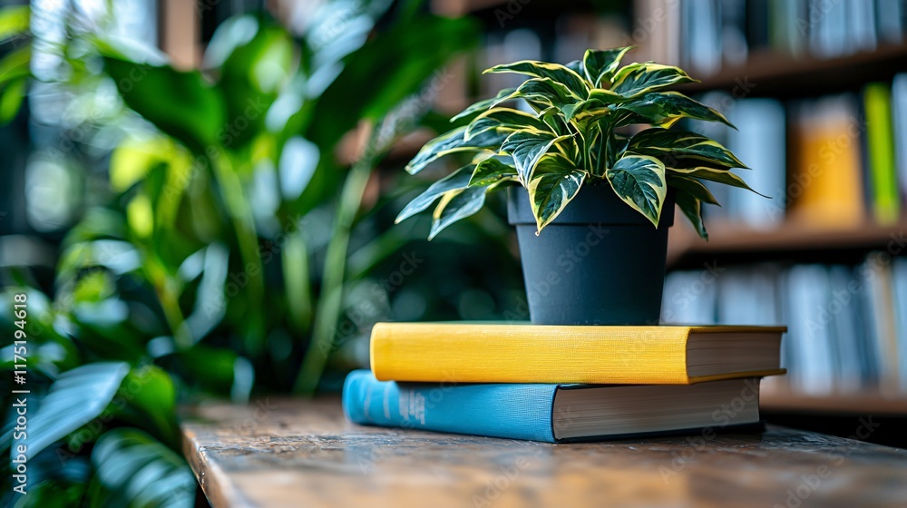 Poster financial literacy books and notebooks neatly stacked on a desk stock photo with side copy space