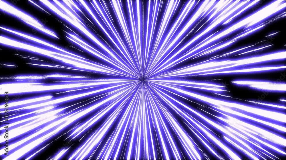Poster bright glowing purple rays of light moving dynamically from the center of the video. 3d render abstr