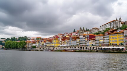 Obraz premium Colorful Portuguese Riverside Buildings Under Cloudy Sky