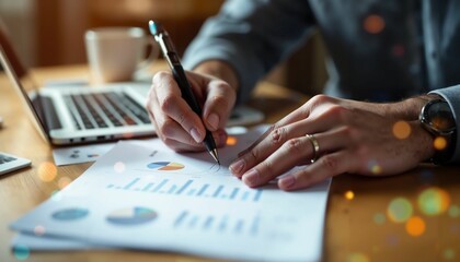 Analyzing business charts and graphs with pen in hand while working at a desk with a laptop