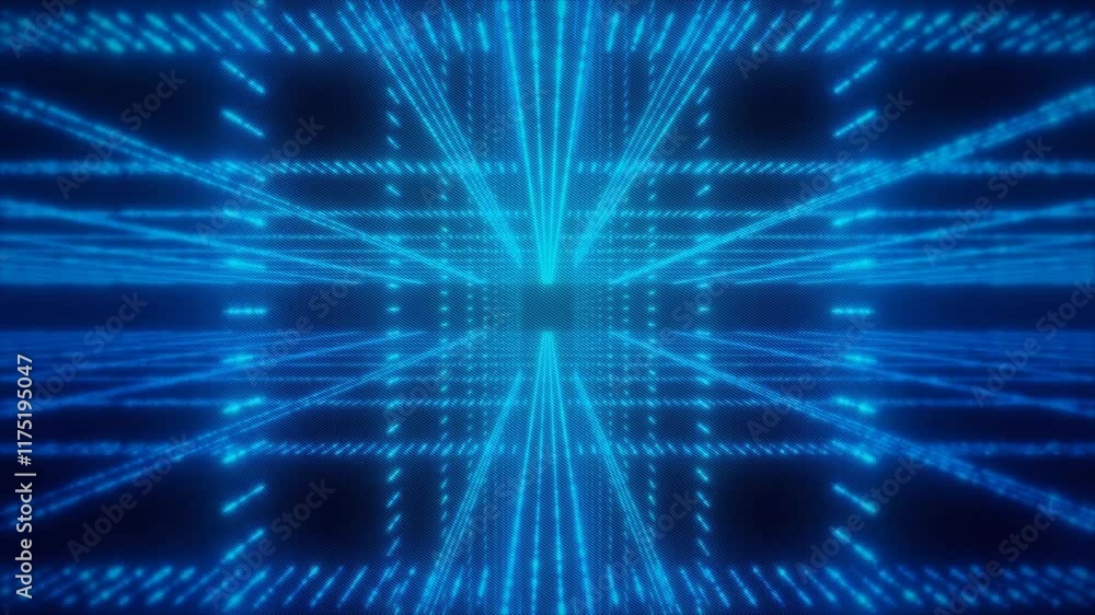 Poster blue technological space from lines and dots, virtual cyber tunnel. 3d animation in slow motion. 4k 