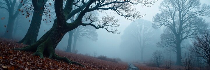 Misty forest landscape with twisted tree branches, winter, foggy