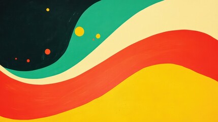 Abstract wavy background with teal, red, yellow, and cream stripes and dark circles.