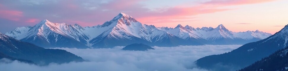 Obraz premium Misty veil veils snow-capped mountain range at dusk, peaceful, cloud