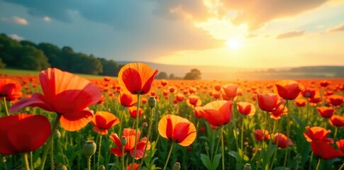 Obraz premium Morning sunlight illuminating a field of poppies, landscape, gentle, morning